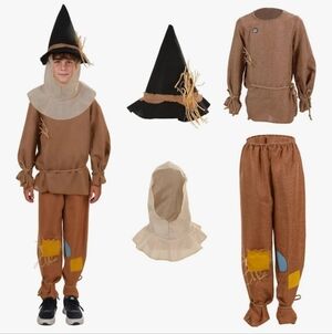 Kids Brown Scarecrow Costume with Black Hat and Cream Hood